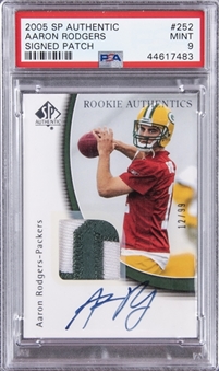 2005 Upper Deck SP Authentic #252 Aaron Rodgers Signed Game Used Patch Rookie Card (#12/99) Jersey Number – PSA MINT 9